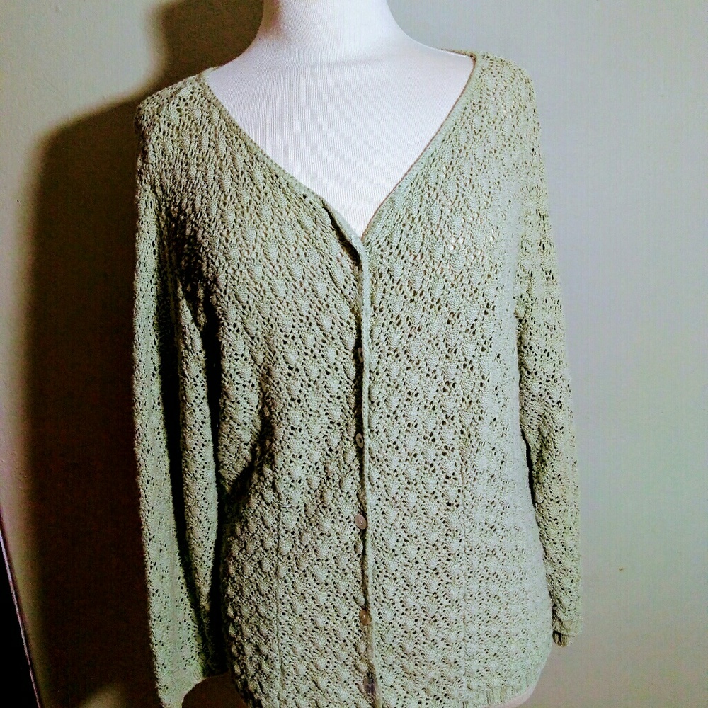 Olive open weave sweater button-down
